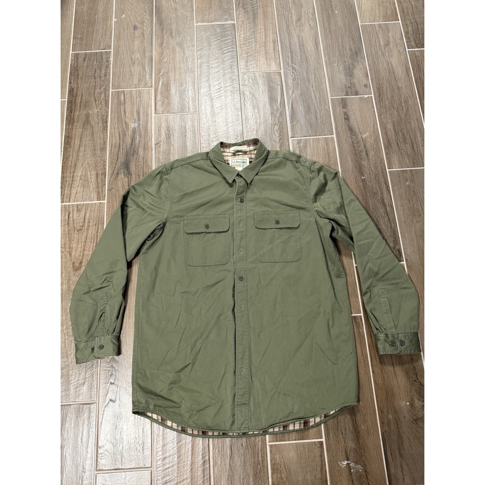 L.L. Bean Shirt Jacket Mens L Tall Green Canvas Hurricane Front Flannel Lined